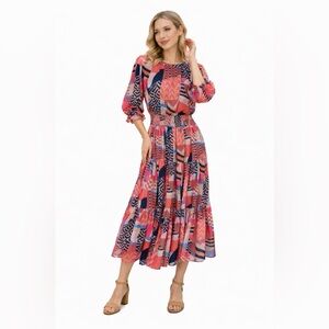 TCEC Women's Cinnamon Red & Navy Abstract Print Smocked Dress Large